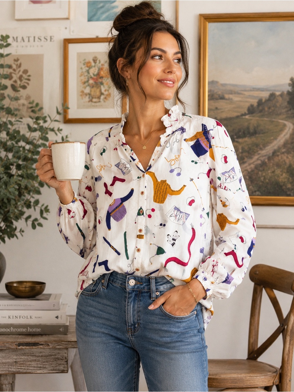 Maeve Anthropologie Whimsical Winter Print 100% Viscose Blouse Size 4 Cottage